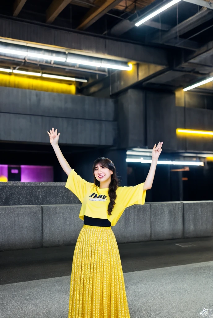 1. young woman、T-shirt and long skirt 2. open arms 3. Big smile 4. The color scheme is based on yellow and purple。
5. Urban style background、Inside a concrete and glass building。
style:
• Cyberpunk • High Resolution • Futuristic Lighting • Vibrant Colors Additional Details:
• The camera angle is from below looking up.。
• Wear street fashion。
• Photo-realistic textures。
