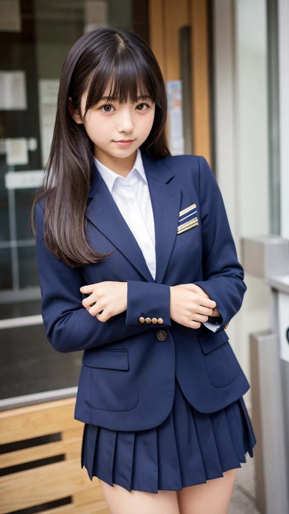 Japanese、18-year-old high school girl、Navy blue blazer uniform、Navy blue pleated mini skirt、whole body