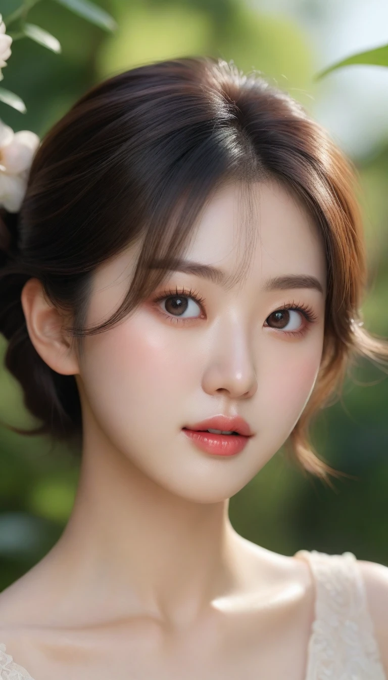 best quality, 4K,8K,realistic, realistic, very detailed, very delicate and beautiful, raw photo, Japanese and Korean beauties,korean beauty,Wear JK, ,big bust,(beautiful detailed eyes,beautiful and delicate lips,Highly detailed eyes and face,long eyelashes), Short hair카락, happy expression, In a picturesque garden filled with sunlight. The quality of the work is top notch, 매우 상세한 기능과 realistic, realistic touch. Colors are vibrant,Lighting creates a warm atmosphere, dreamy atmosphere. Short hair, Show the lower part of the chest