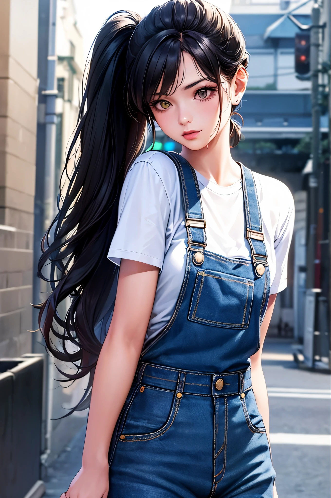 pho3b3cat3s photos, Beautiful woman, ((24-years-old)), street, T-Shirts, Denim overalls, 1980s, Retro, Long wavy black hair in a ponytail, (masterpiece), (Highly detailed CG Unity 8k wallpaper), Complex, ((Realistic)),
