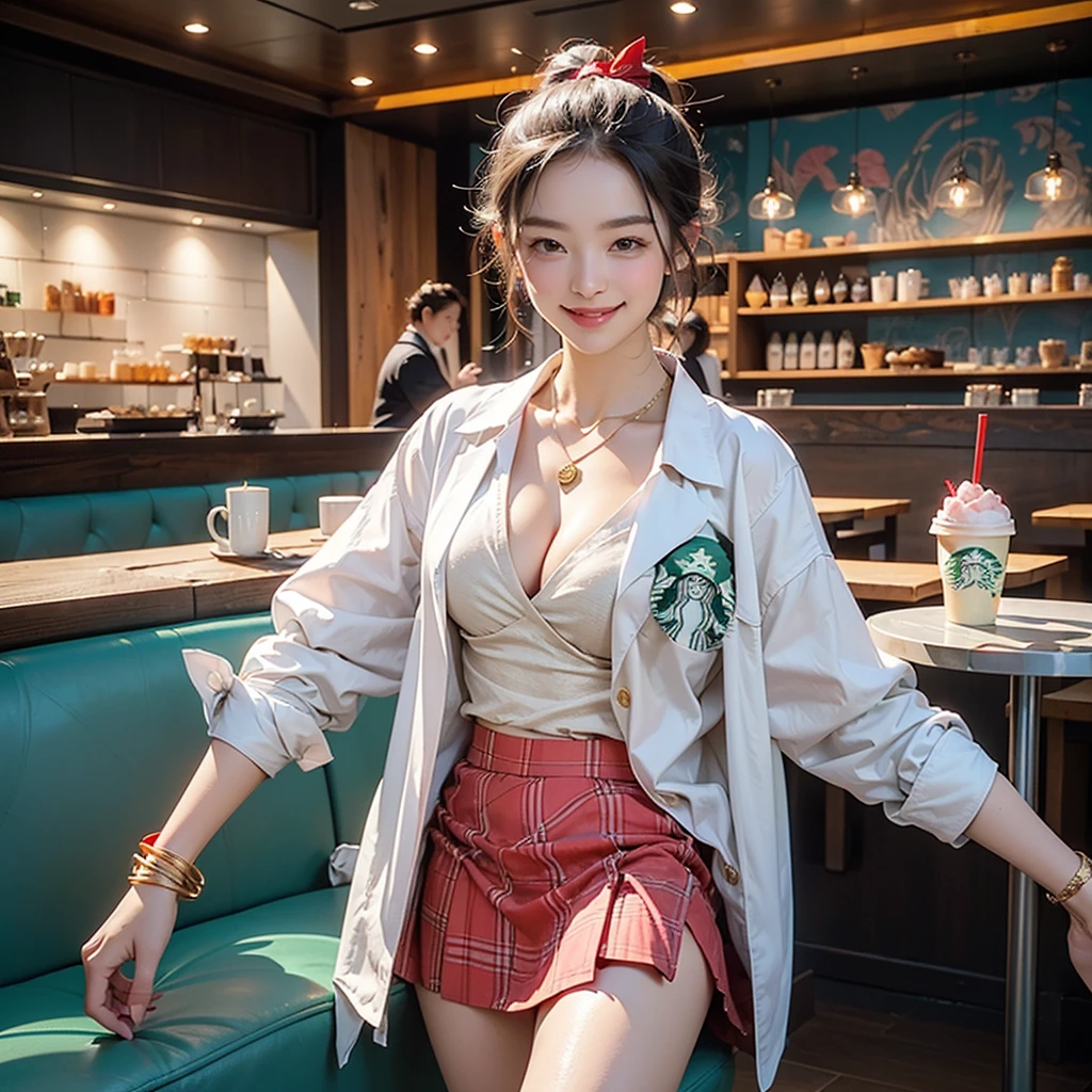 8K、RAW Photos、Highest quality、Super detailed、Super Resolution、Ultra HD、8K壁紙、Amazing details blazer uniform girl ((White blouse with formal collar, Blue Blazer,
Red Check Skirt, Red checkered ribbon on blouse)), Complete limbs, Full Finger,
(((((Starbucks)))))、(((((Cafe table with ocean view)))))((16 year old female student))、(((((Eat cake、Drink coffee、smile)))))、(((Heart Necklace、Gold bracelet)))
((((Emphasize cleavage))))
((((Full body photo、The whole body is visible、Full body portrait))))
(((Pink floral panties and bra are visible)))
