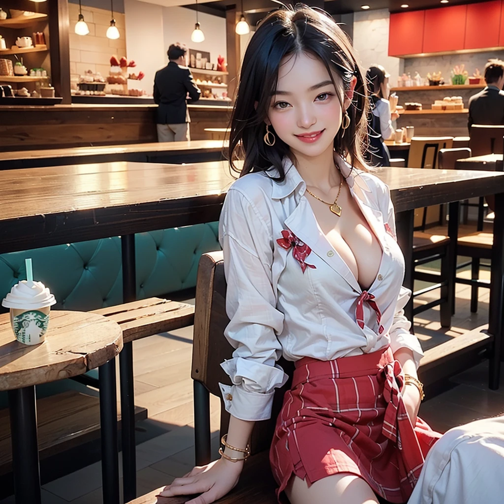 8K、RAW Photos、Highest quality、Super detailed、Super Resolution、Ultra HD、8K壁紙、Amazing details blazer uniform girl ((White blouse with formal collar, Blue Blazer,
Red Check Skirt, Red checkered ribbon on blouse)), Complete limbs, Full Finger,
(((((Starbucks)))))、(((((Cafe table with ocean view)))))((16 year old female student))、(((((Eat cake、Drink coffee、smile)))))、(((Heart Necklace、Gold bracelet)))
((((Emphasize cleavage))))
((((Full body photo、The whole body is visible、Full body portrait))))
(((Pink floral panties and bra are visible)))