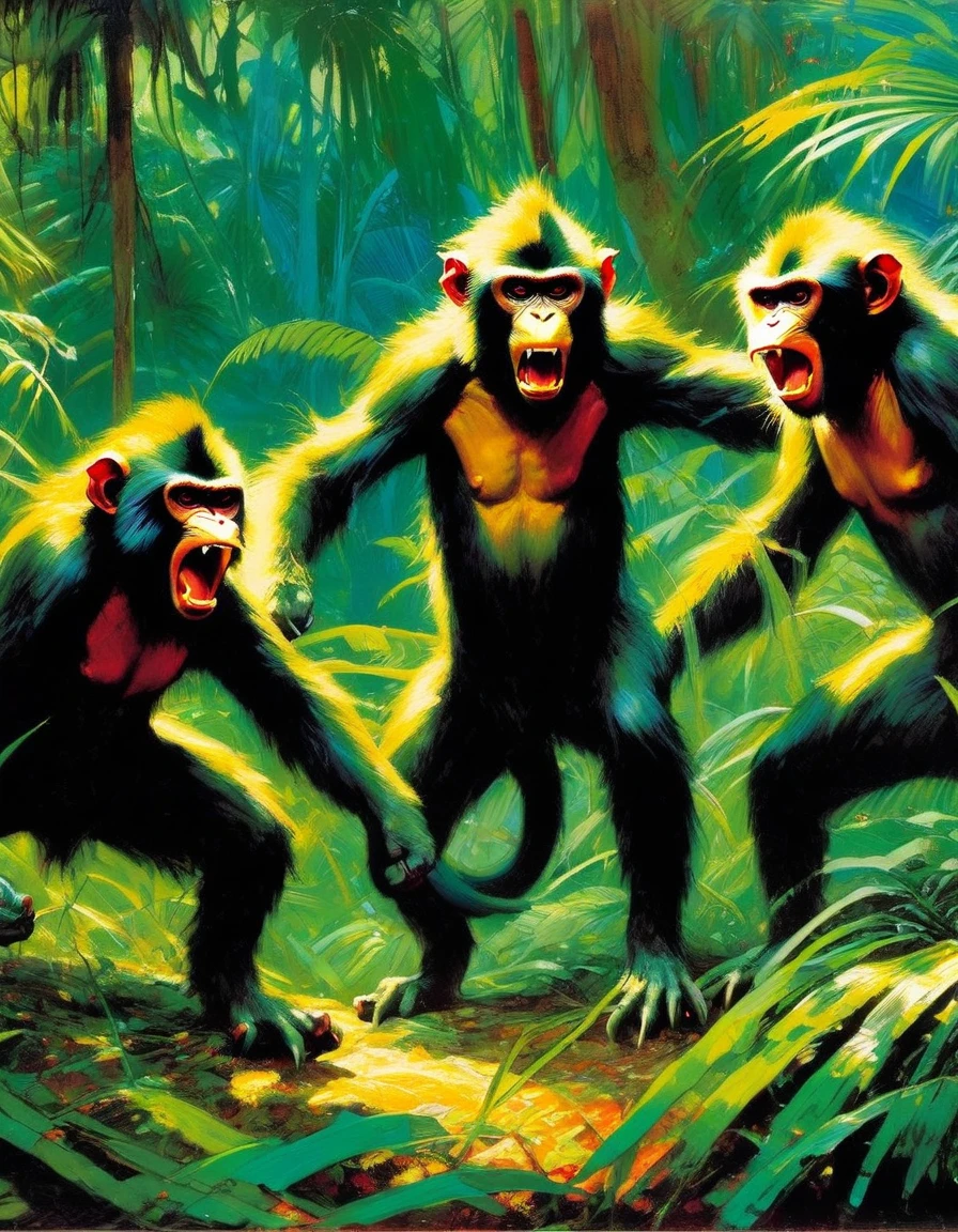 three angry monkeys fight wildly in a jungle (art inspired by Bill Sienkiewicz). oil painting)