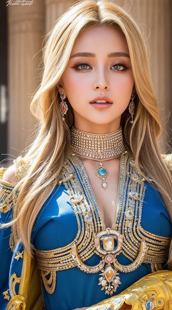 Very beautiful European beauty blonde hair princess crystal eyes glowing hyper realistic super detailed Dynamic shot masterpiece Full outfit Moroccan caftan red and blue covers
