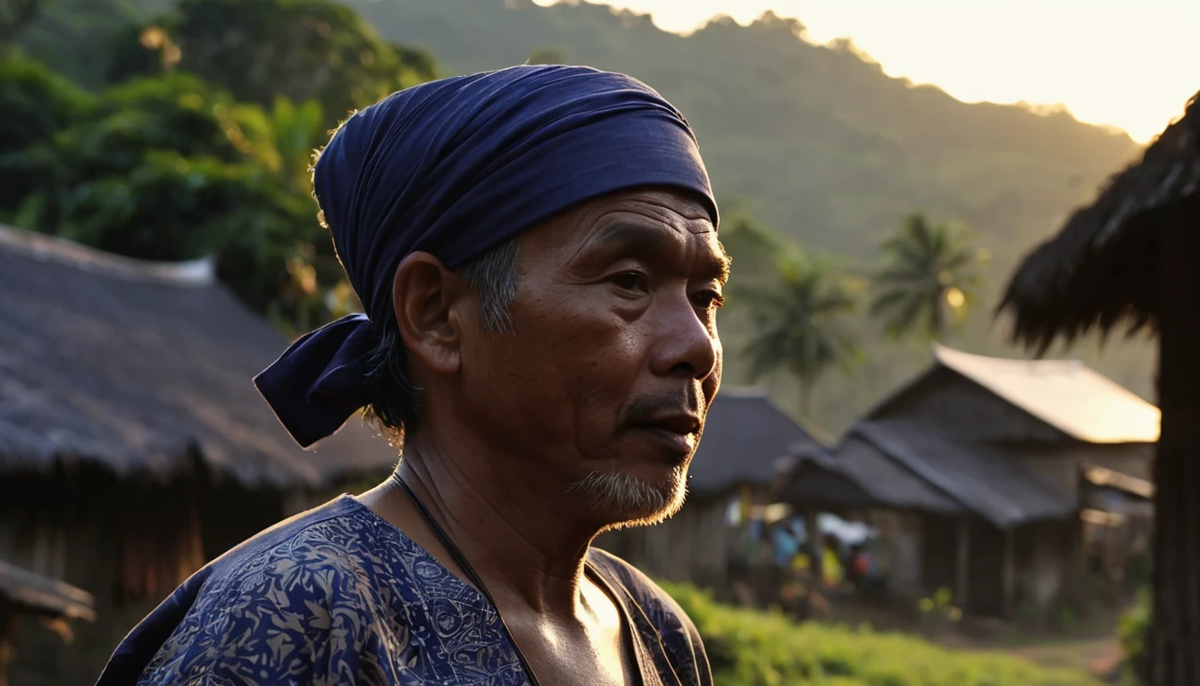 Depicts the silhouette of a 50 year old man, wearing a cloth headband, with a dimly lit village background, his face is firm, carrying satay products on his shoulder. use model Indonesian people. (Masterpiece, ultra details, ultra high quality, extra focus, 8K)