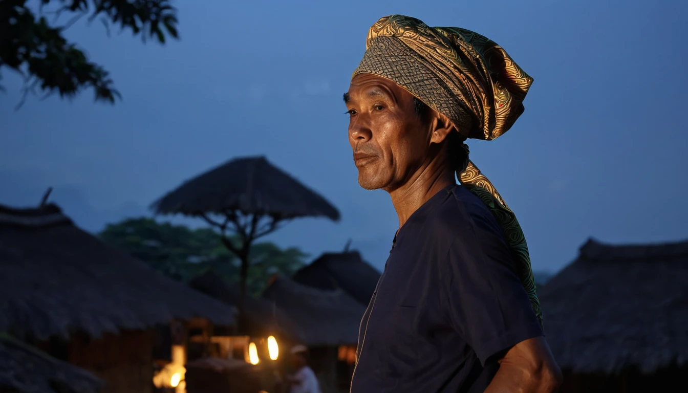 Depicts the silhouette of a 50 year old man, wearing a cloth headband, with a dimly lit village background, his face is firm, carrying satay products on his shoulder. use model Indonesian people. (Masterpiece, ultra details, ultra high quality, extra focus, 8K)