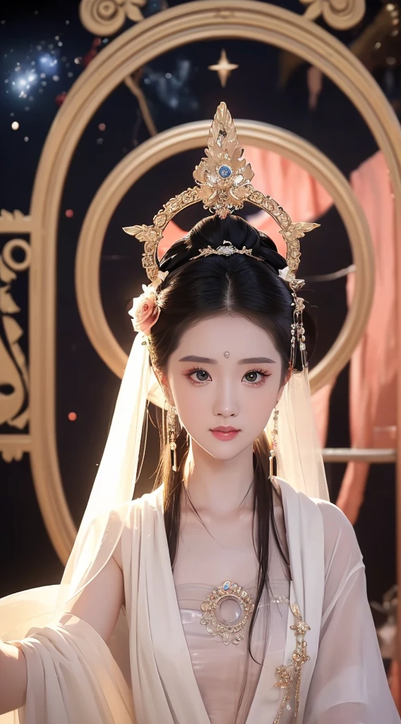 1 20-year-old girl, The flawless face of the goddess Athena, Beautifully 饰有许多性感的黑色蕾丝细节, Legend of the Female Saint, Beautiful goddess style glitter, Dark Mystery Version,  Beautifully and beautiful pino detailing, Beautifully and beautiful lip detail, (Pure and flawless face: 1.9), Round chest, big, Round chest, Beautiful clear face and well-proportioned eyes, (Transparent eyes: 1.8), (bigbig的圆眼睛和浓妆, Sexy wet eye makeup, Very beautiful and exquisite hair and makeup, long and Beautifully blonde hair, Beautifully, Body Image: 1.8), vivid, (Stars in the sky: 1.7), (The sky and the illusory time and space gate: 1.8), Fictional Art, original photo, hanfu photos, Best photos, high resolution, best quality, Best photos, Best goddess quality, 8K female, Super 8 Single Saint Portrait, The most realistic color scheme, masterpiece, Best Beauty Brands, The best hair accessory, Live-action photos of the brand, Dark Studio, Border Light, Two-color lighting, (Rose White Skin: 1.4), (High Skin Detail: 1.1), 8k ultra high definition, SLR camera, Soft lighting, 8K, high quality, Honesty, Volume is smooth and sharp, 10 times more pixels, Sexy goddess, Sexy goddess背景空间: 1.8), (最美的aurora眼: 1.7), beautiful eyes, aurora（aurora）Beautiful single girl: 1.8), (More detail:0.8),