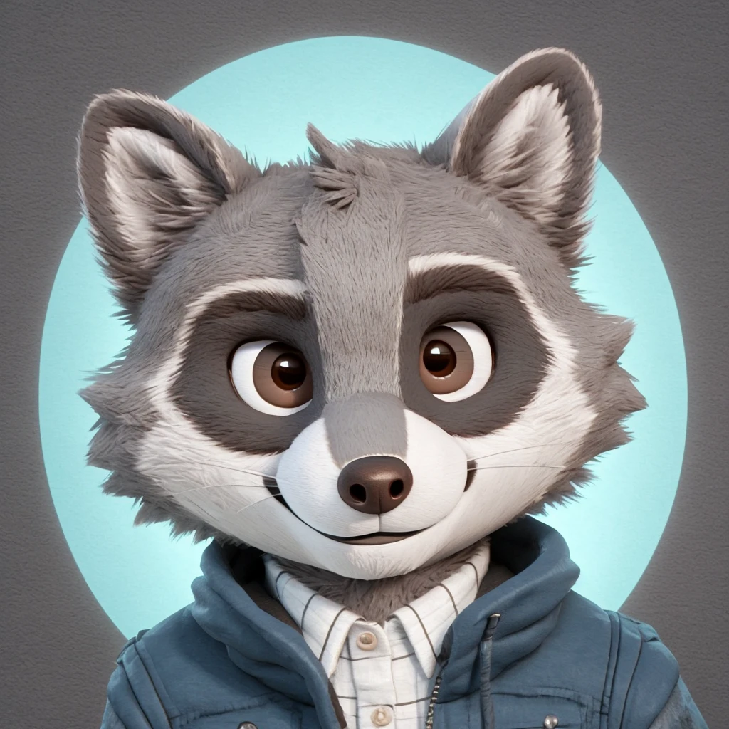 headshot of a cute and grey fur anthropomorphic raccoon, closed smile, he has brown eyes, grey ears, he's dressed with a jacket, high quality furry art, high quality fursona ref. 3d style.