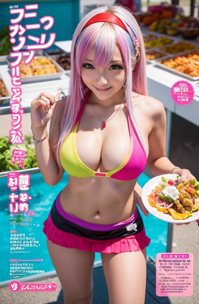 Colourful and pop magazine covers,(vulgar),Just the right kind of -yeld jaese sunburn kuro Gyaru for promiscuous sex friend, group shot,Rainbow Hair Color,wearing an short apron without any clothes on and necklace,hair accessories,between breasts,big breasts,,seductive grin smug,Tilt-shift cameracrowd,close up,from above,Outside food stalls