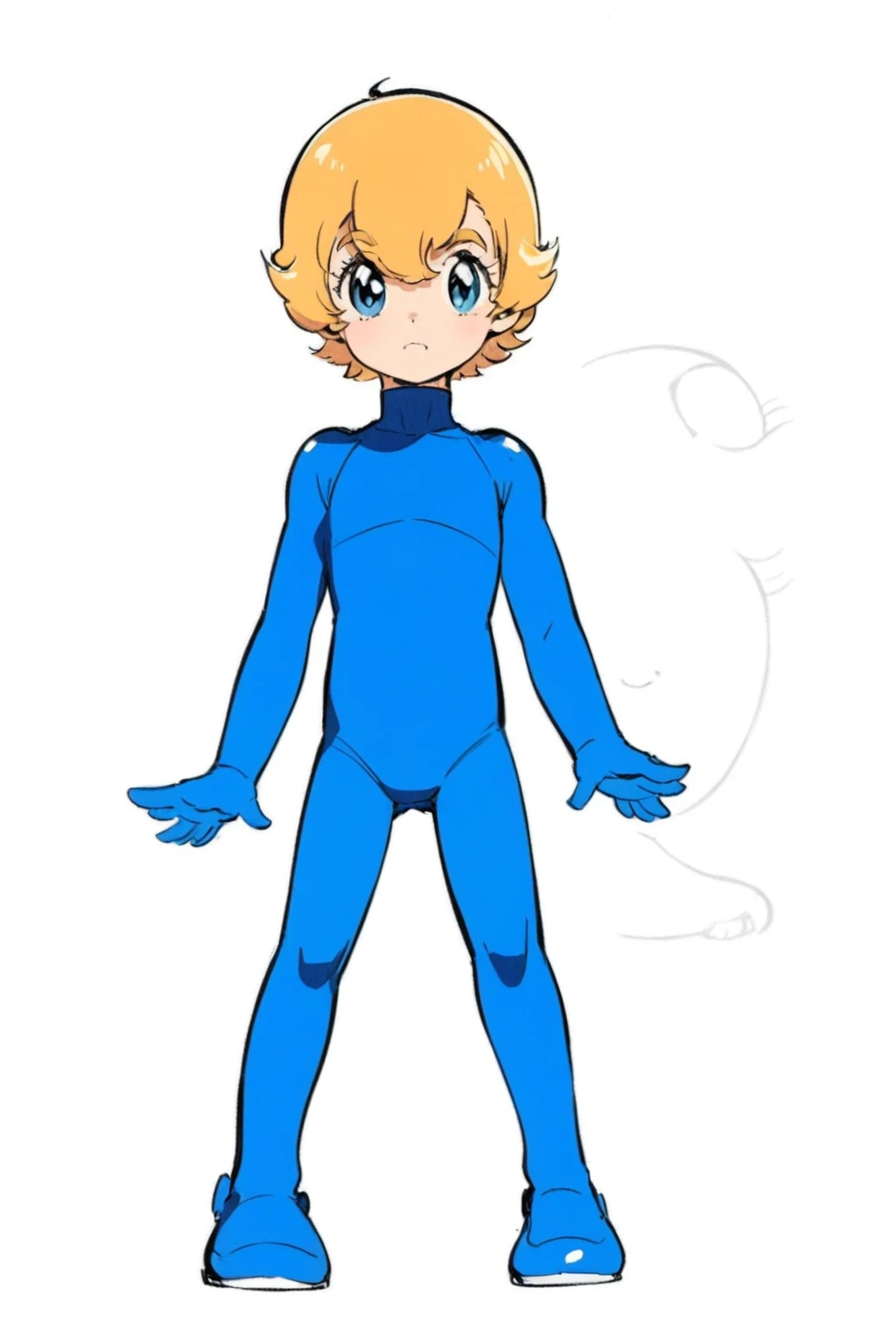 very cute -yeld kidlue full body kigurumi suit, model sheet, drawing reference, Osamu Tezuka art style, 60s manga art style, 60s anime art style, retro manga art style, retro anime art style
