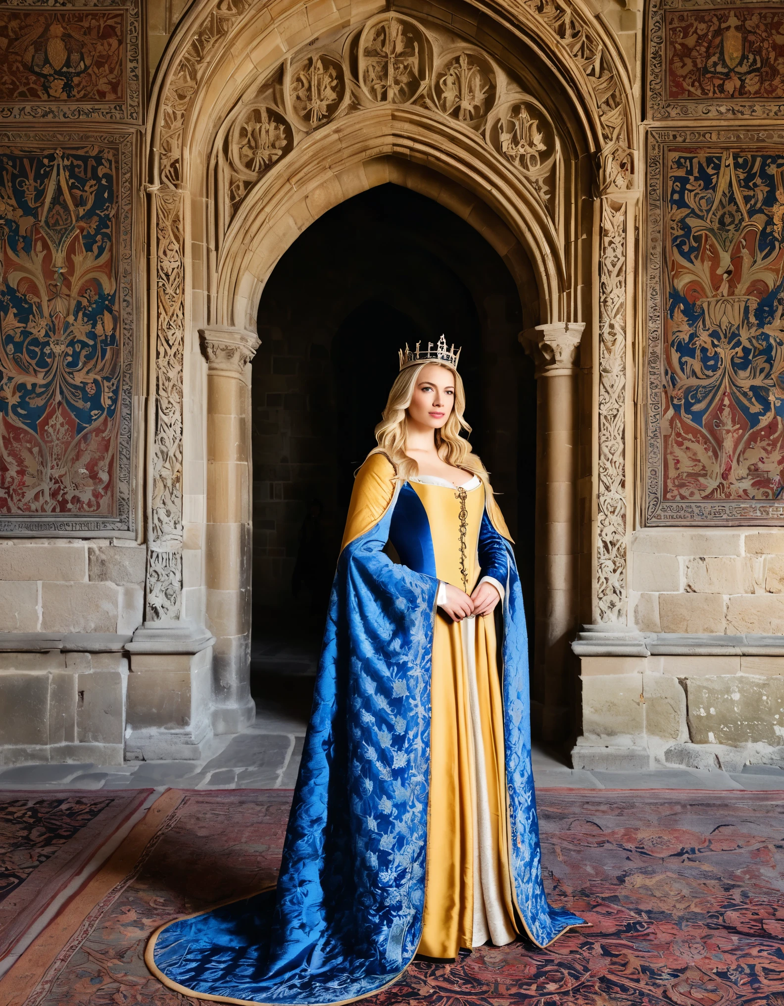 A blonde woman in medieval attire, standing in a grand castle with tall, stone walls and tapestries.