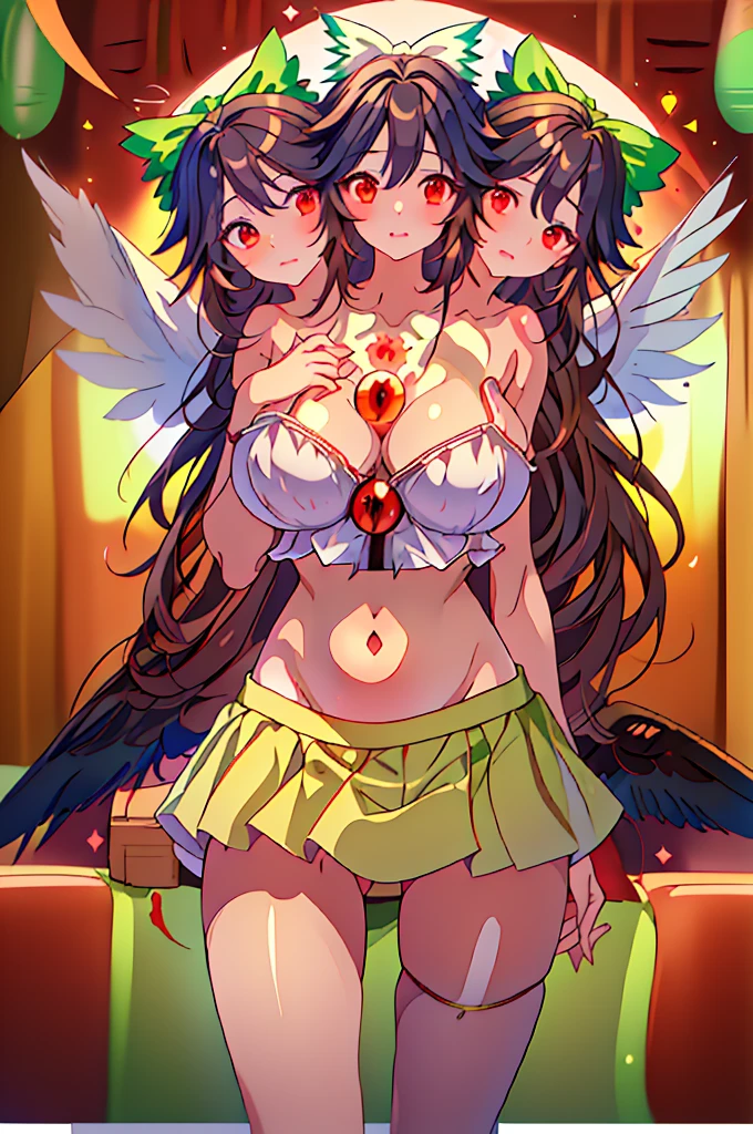 (masterpiece, best quality), best quality, (ultra-detailed), (3heads:1.5), 1girl, (reiuji utsuho:1.3), masterpiece, best quality, ultra quality, ultra resolution, ultra detail, white top, crop top, ((stomach)), midriff, ((groin)), dark green skirt, normal ears, shackles, black hair, very long hair, wavy hair, sidelocks, red eyes, detailed eyes, parted lips, sweat, cute, toned belly, hand on own chest, eyelashes, (23 year old woman:1.3), (masterpiece:1.5), (best quality:1.5), (beautiful detailed), extremely detailed CG, extremely delicate and beautiful, depth of field, (finely detailed face), (perfect details:1.2), (mature female:1.3), wide pelvis, slender, large veiny breast, 16k resolution, highres, high quality, high definition, extremely detailed, masterpiece, best quality, black hair, long hair, alluring presence, braid, short skirt, close up, very big tits, huge tits, young, green bow, hair bow, wings, midriff, nsfw,
