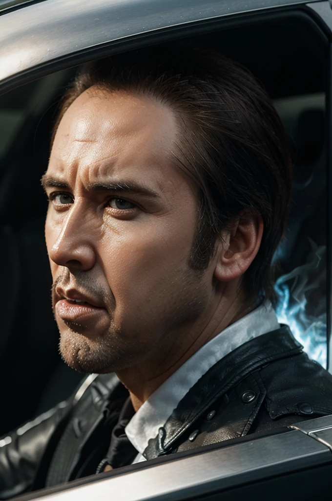 Nicolas Cage, Transforming, Ghost Rider, Side View, ((Ultra realistic)), ((Detailed))