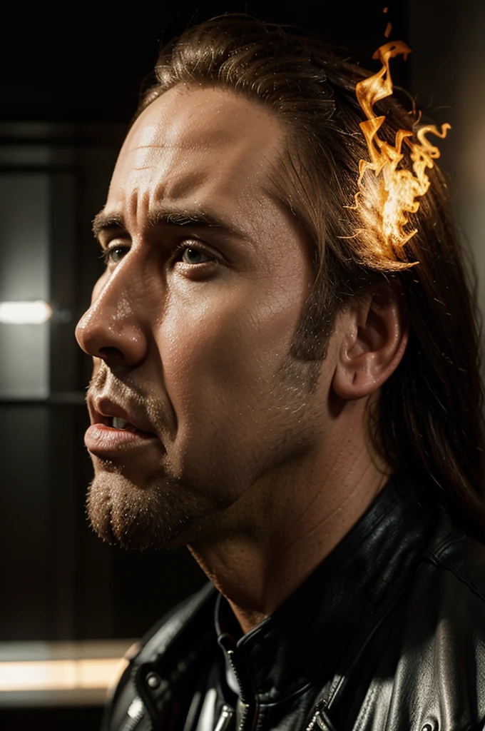 Nicolas Cage, Transforming, Ghost Rider, Side View, ((Ultra realistic)), ((Detailed))