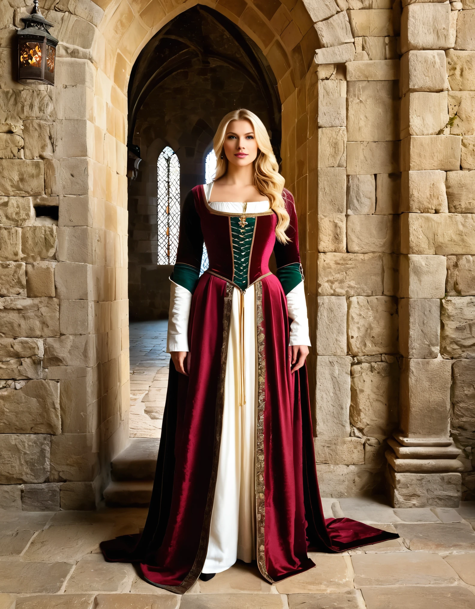 A blonde woman in medieval attire, standing in a grand castle with tall, stone walls and tapestries.