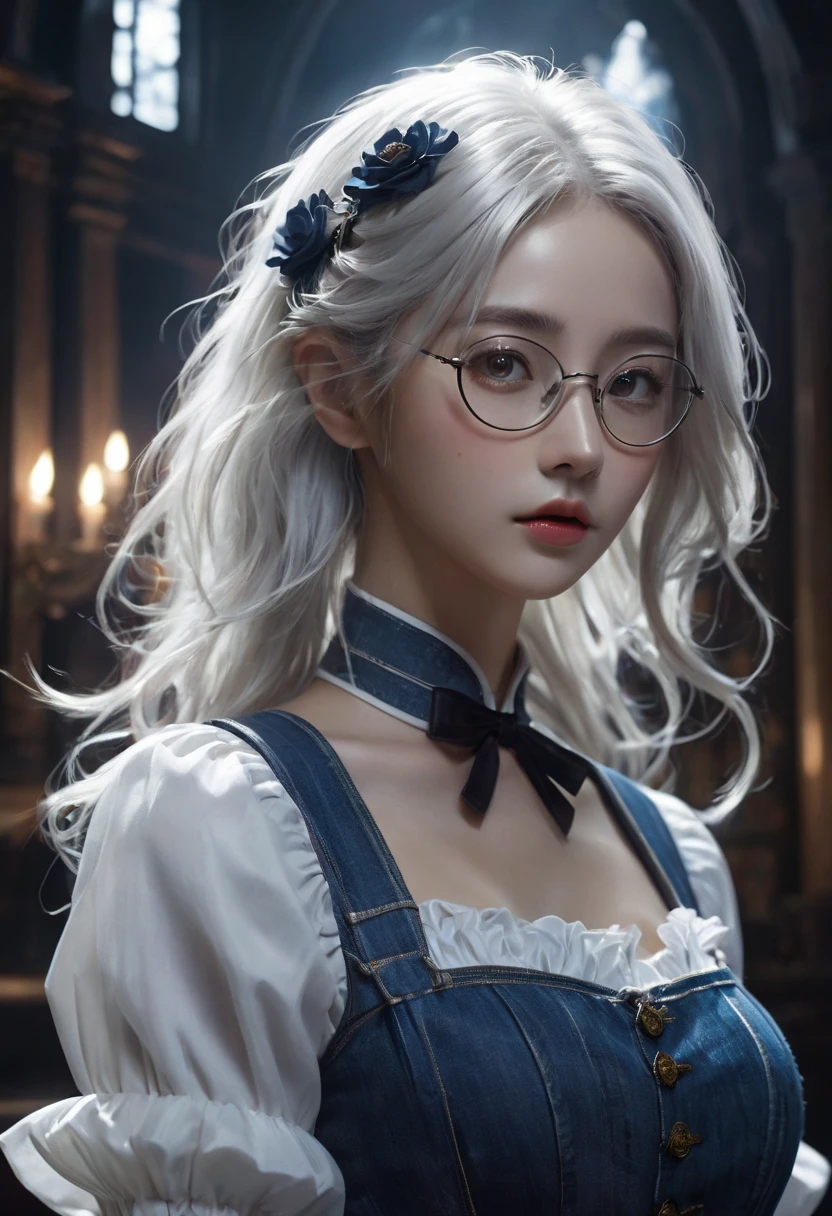 (in the darkness: 1.6),Surreal female portrait, wear glasses,Hair accessories, Fantasy Art, Photorealism, Dynamic Lighting, Art Station, poster, Volumetric Lighting, Very detailed face, 4K, won,, 1 girl, in the darkness, Deep Shadows, Low profile, denim, (maid outfit: 1.4), Long hair, White hair, broken, Luxurious Palace, Royal style,