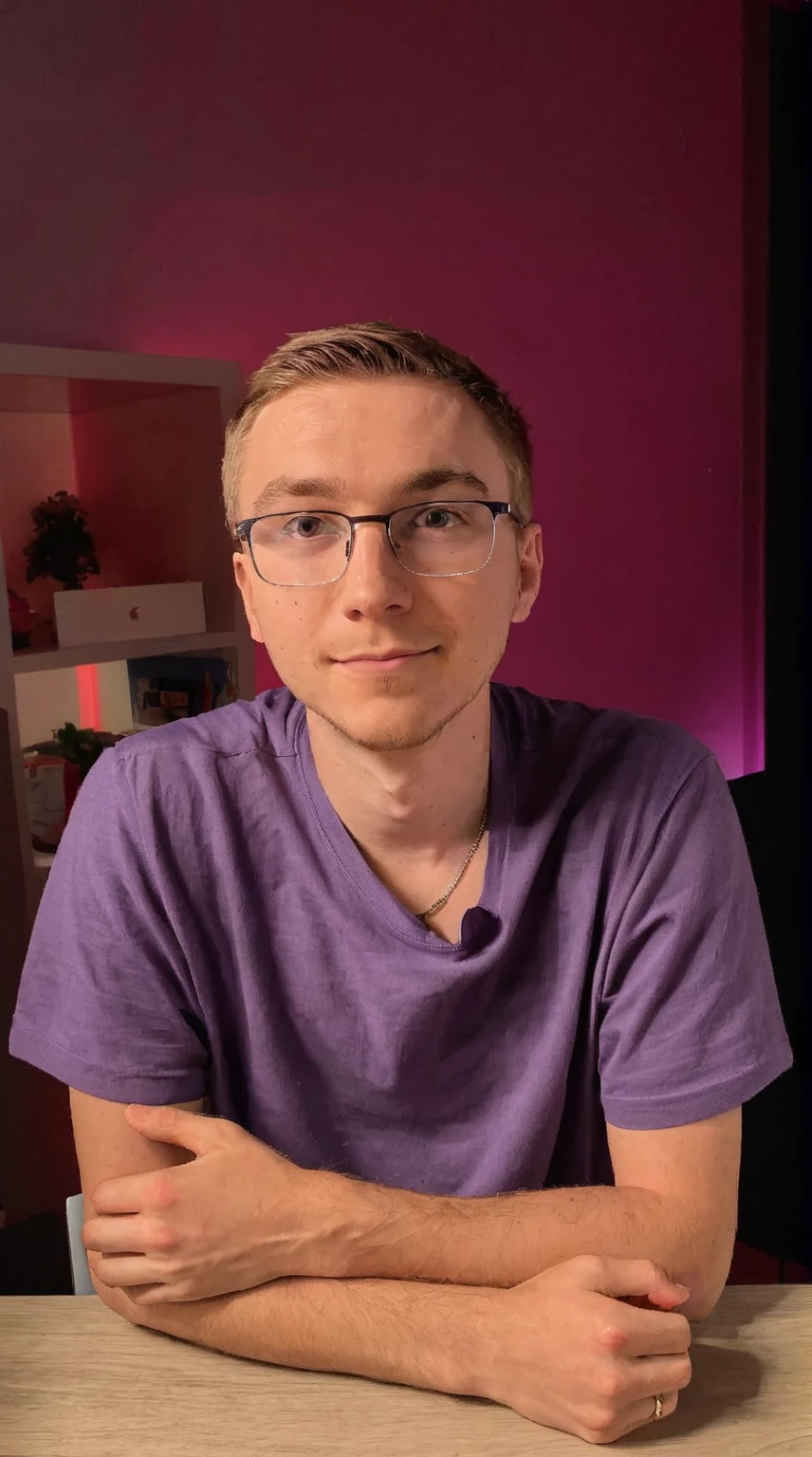 Arafed sits at the table, there is a purple wall behind him, a twitch streamer / gamer Ludwig, Typical cryptocurrency fan, Linus from Linustechtips, a twitch streamer, profile picture 1024px, filmed in early 2020s, MSHOTTO, profile photo, nft portrait, Patrick is more difficult