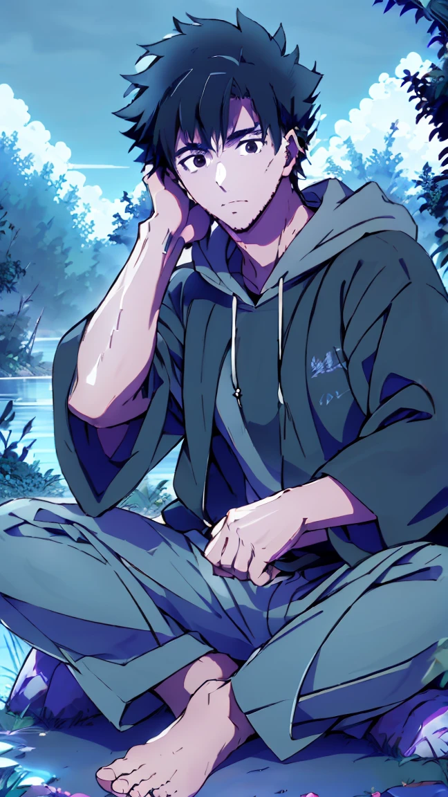 ((Highest quality)), ((masterpiece)), (detailed), Highest quality、High resolution、８K、A plain black hoodie、One adult male、33 years old、Sharp black eyes、Slightly permed black hair、Japanese anime-like style、超High resolutionかわいい萌えアニメ8k、handsome face manly、Slender and muscular、barefoot、sitting on a stone、Spread your legs、night、Forest landscape、lake、darkness、Surrounded by lots of fireflieoonlight