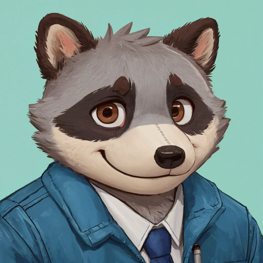 headshot of a cute and grey fur anthropomorphic raccoon, closed smile, he has brown eyes, animal crossing style, he's dressed with a blue jacket, high quality furry art, high quality fursona ref.