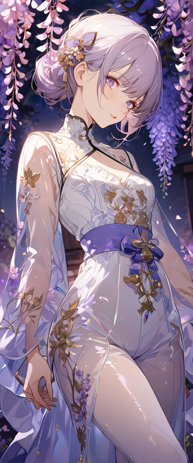 wisteria flower, wisteria tree, wisteria background, 8k ,4k , best quality, high quality, masterpiece, transparent clothes, embroidery  clothes, big , inspired by Asukaziye artist : ask, art style : ask