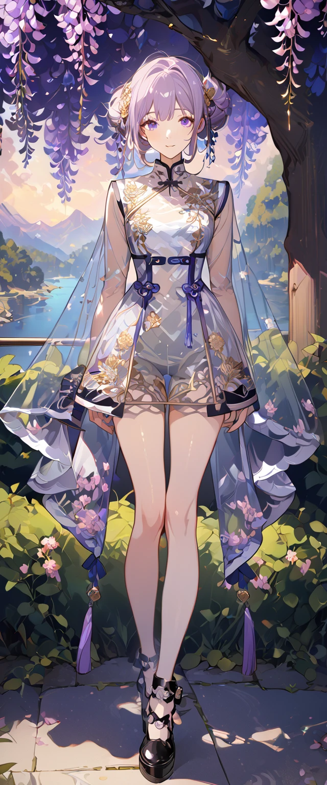 wisteria flower, wisteria tree, wisteria background, 8k ,4k , best quality, high quality, masterpiece, transparent clothes, embroidery  clothes, big , inspired by Asukaziye artist : ask, art style : ask