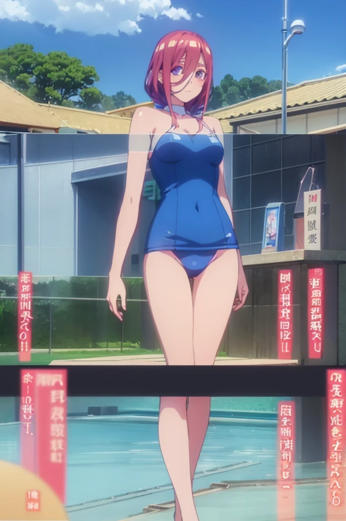 ((Anime Infinite Stratos nfsw Art)), The theme is pool party.  It's daytime.  The setting is a pool club, there are several pools, several people(multiple:1.1) in swimwear nearby, some slides, some pool chairs, some food stores nearby.  The focus of the scene is an 18-year-old girl, very short stature(150cm tall), very messy red hair(long:2.2), beautiful and slightly rounded face, purple eyes(bright:1.9), white redhead skin, tattoo covering the left buttock extending to the left leg, short chest, flat breasts, thin waist, nice hips(large:1.5), very fat and round ass(large:1.9), fat and round thighs(large:1.9), wears a pink thong bikini, seductive behavior, walking around the scene showing off his body, fullbody vision(far:1.1), makes the men on the scene crazy with lust.  The atmosphere is fun.  Everyone has fun.