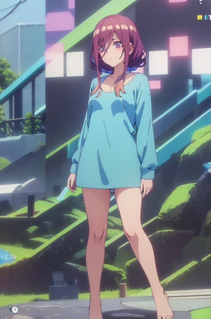 Swimsuit design:Blue colorful swimsuit。Hot Spring Background:The hot spring is an open-air bath and a green place。PINK bottoms、Highest quality、Highest qualityのフルレングス画像、Highly detailed anime super detail、masterpiece、Anatomically correct、Detailed handother 1.6)、8k、Moisturizing Skin、Detail Eyes、Shiny hair、View from the front、Standing with your legs apart、Showing the whole body