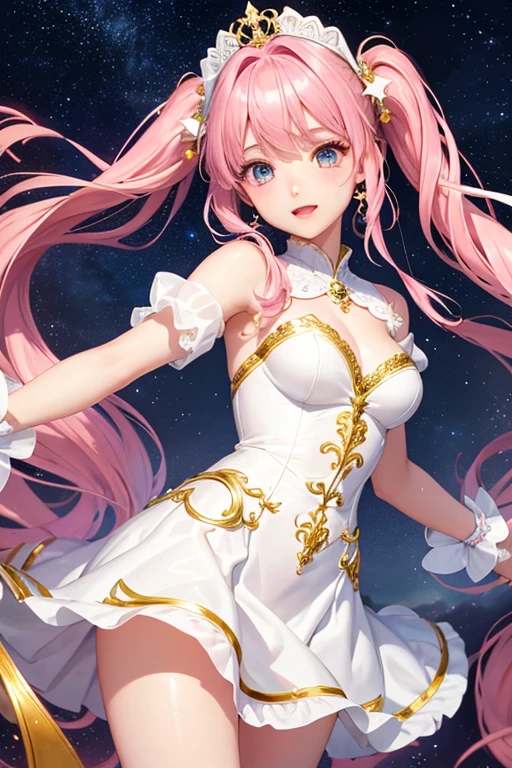 Highest quality、Highest quality、Masterpiece、woman１people、White shiny decollete dress、Golden embroidery、Frill mini skirt dress、Perfect body line、Adorable poses、Realistic、Glowing Skin、Groomed eyebrows、Pink Lips、Pink Hair、Blue Eyes、Twin tails、delicate、Shiny Hair、detailed、Skirt in the wind、Flip-up skirt、Pink frills、The background is the starry sky and the sea