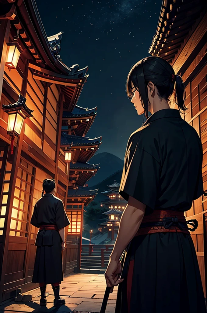 a clan of samurai in a temple at night