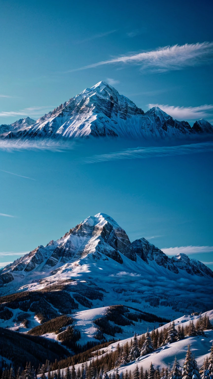 Mountain landscape, snow on mountain peak, bottom-up image, vegetation, blue sky, cinematic lighting, aspect ratio 19:6, image quality 4k, image resolution 4k, upscale 8x, masterpiece, dreamy, surrealism,