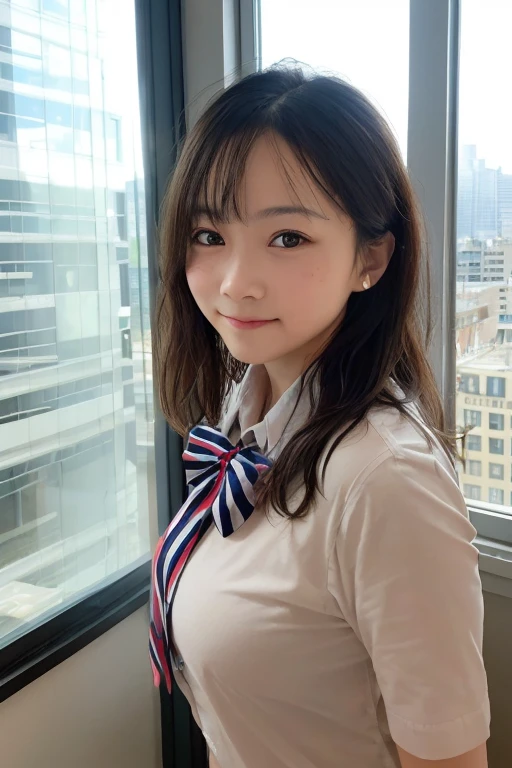 One girl, Best, bow, photograph, Realistic, Highest quality, employment, Detailed face, office, Building seen from the window, Detailed Background, Diffused sunlight, Depth of written boundary, Bokeh