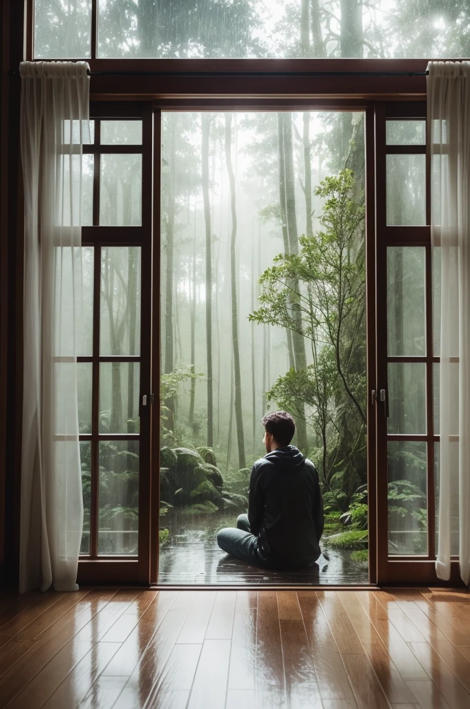 View through the glass window inside a beautiful room, and rain outside, in forest,relaxing