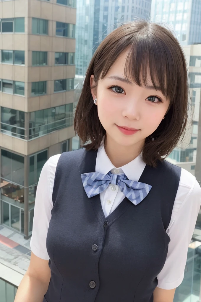 1girl, matured female, vest, bow, photo, realistic, best quality, hires, detailed face, office, buildings from window, detailed background, diffused sunlight, depth of field, bokeh