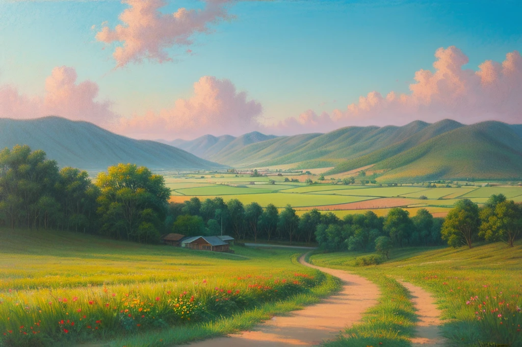 Pastel painting of a rural landscape,