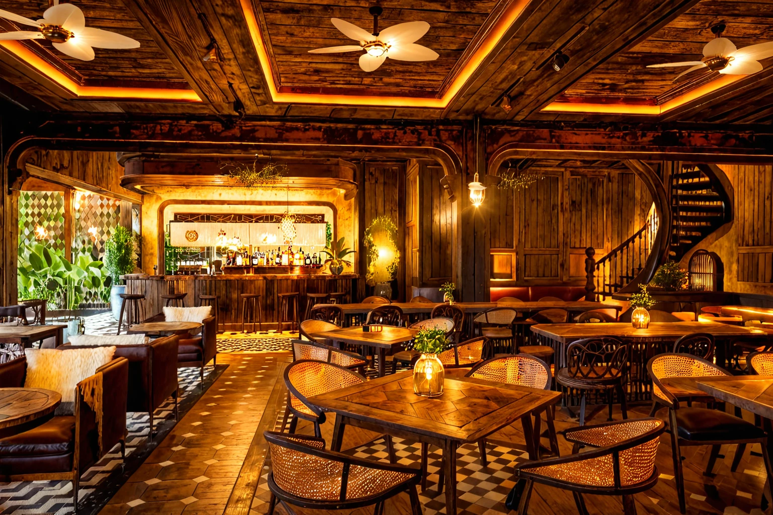 Vintage-style bar, rustic wooden furniture, antique pendant lights, dim lighting, cozy ambiance, aged wood, warm glow, vintage decor, intimate, nostalgic