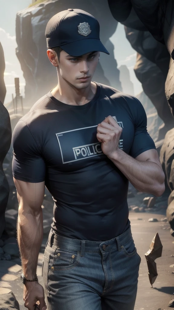 (Man walking in the city in the middle of the road),(crew cut hair:1.3),black eye,(Wear a fitted round neck t-shirt in navy with a police badge.:1.5),(fit neck),Navy blue jeans,(black_gloves:1.2),Korean guy,chest muscles,large arm muscles,blood vessel,Big muscles,Broad shoulders,(open mouth:1.1),(open eyes:1.3),(cave dungeon:1.5),(full_shot:1.3),(wide_shot:1.3),(It's dim.:1.4)