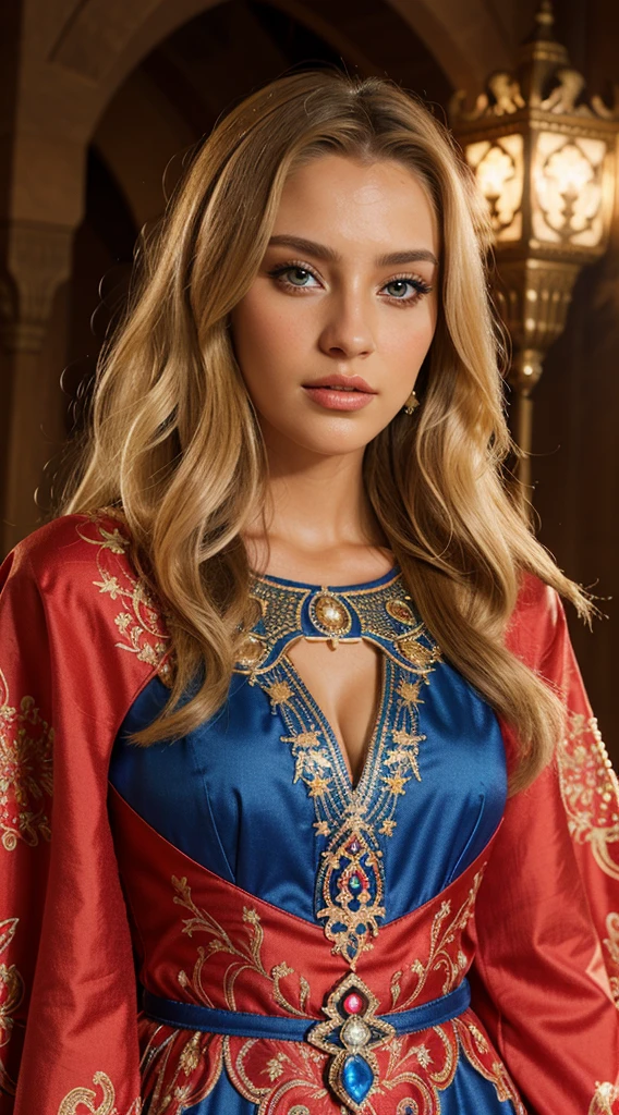 Very beautiful European beauty blonde hair princess crystal eyes glowing hyper realistic super detailed Dynamic shot masterpiece Full outfit Moroccan caftan red and blue covers