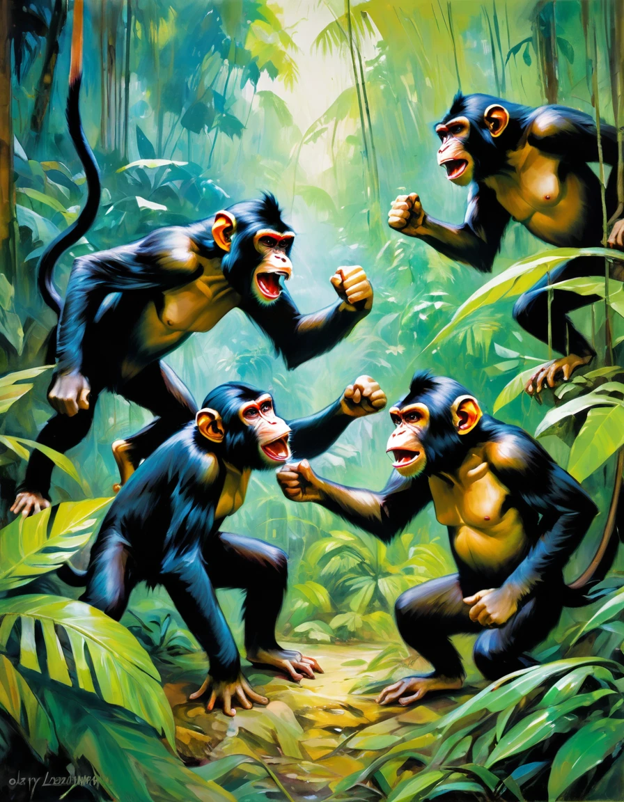 three angry monkeys fight wildly in a jungle (art inspired by Bill Sienkiewicz). oil painting)
 