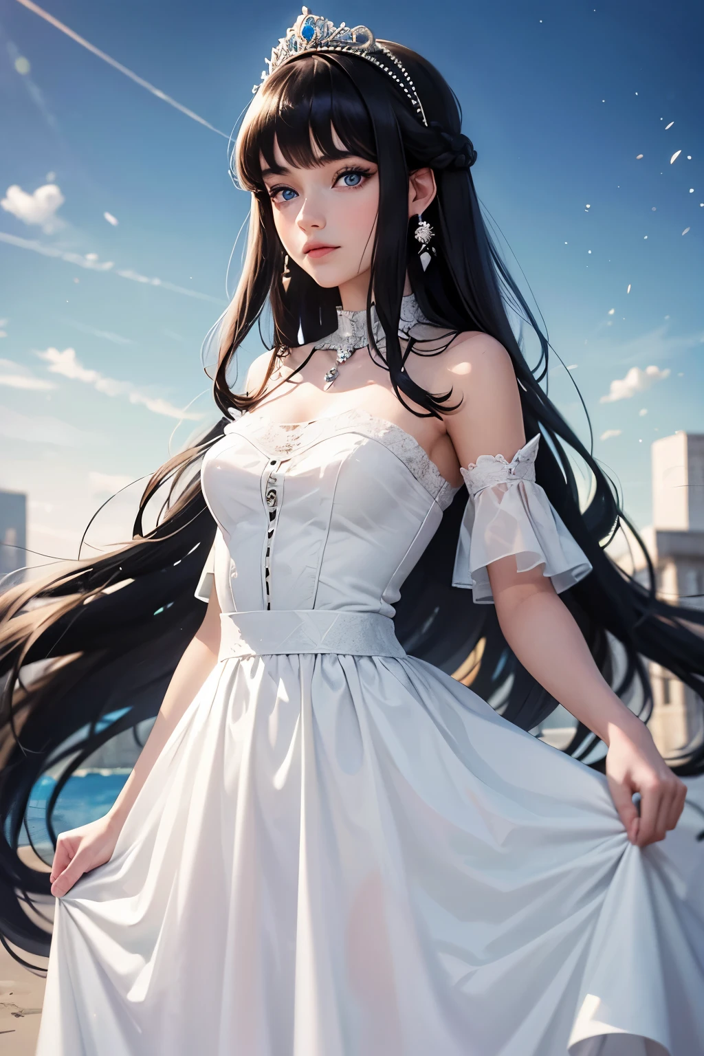 A beautiful young princess with black hair and blue eyes., she is wearing her beautiful long white dress