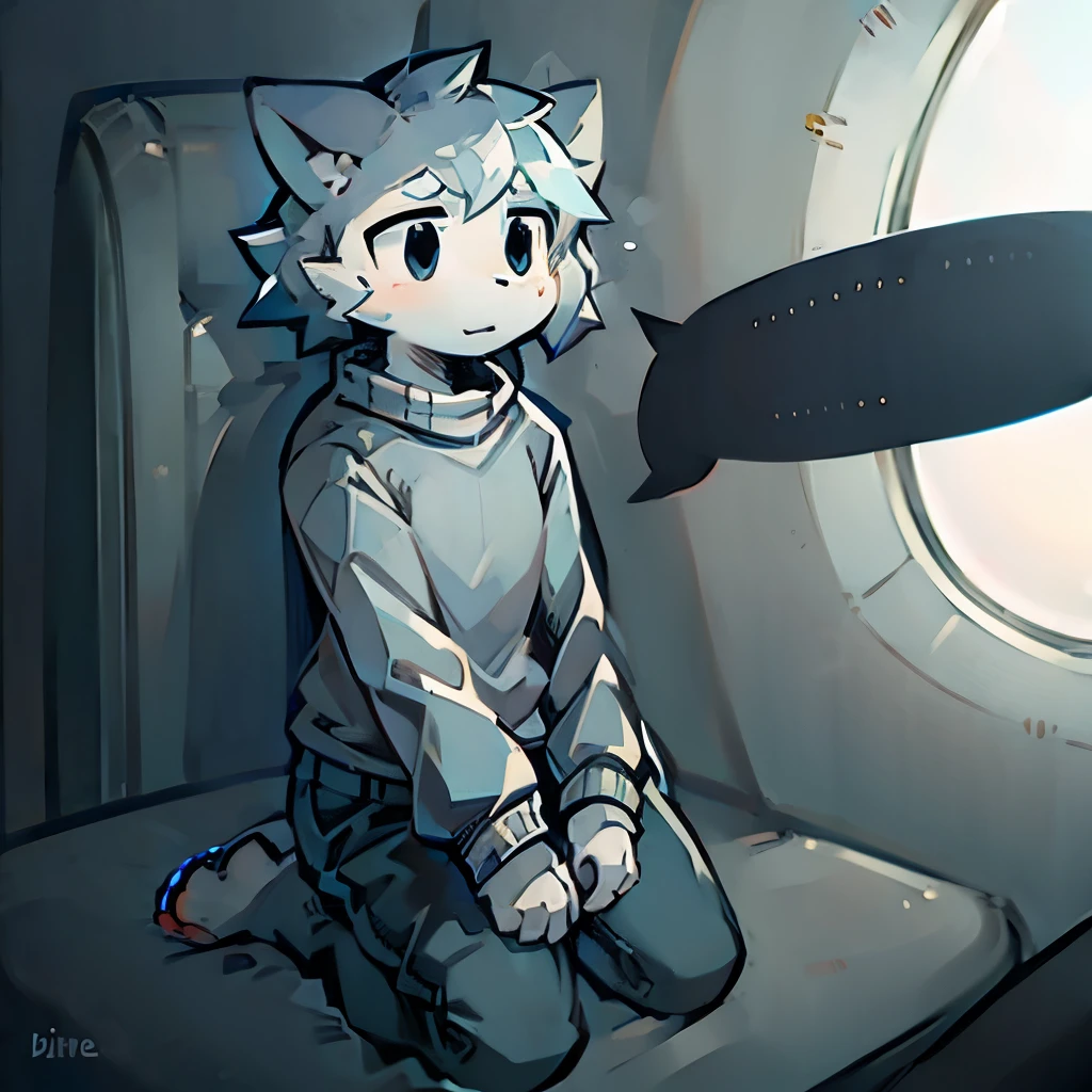 Wearing a gray sweater, Blue pants,By plane,Place your hands on your knees