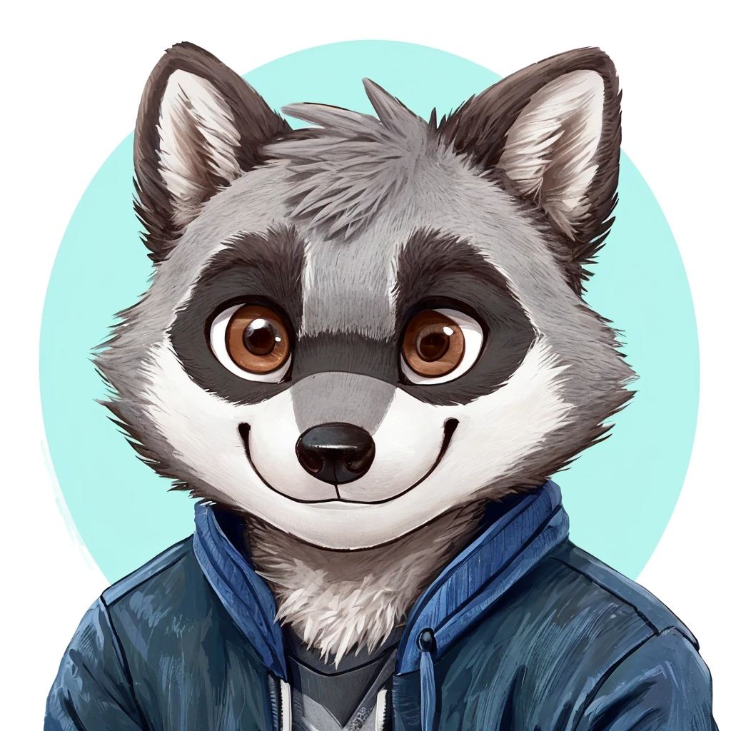 headshot of a cute and grey fur anthropomorphic raccoon, closed smile, he has brown eyes, grey ears, he's dressed with a blue jacket, high quality furry art, high quality fursona ref.