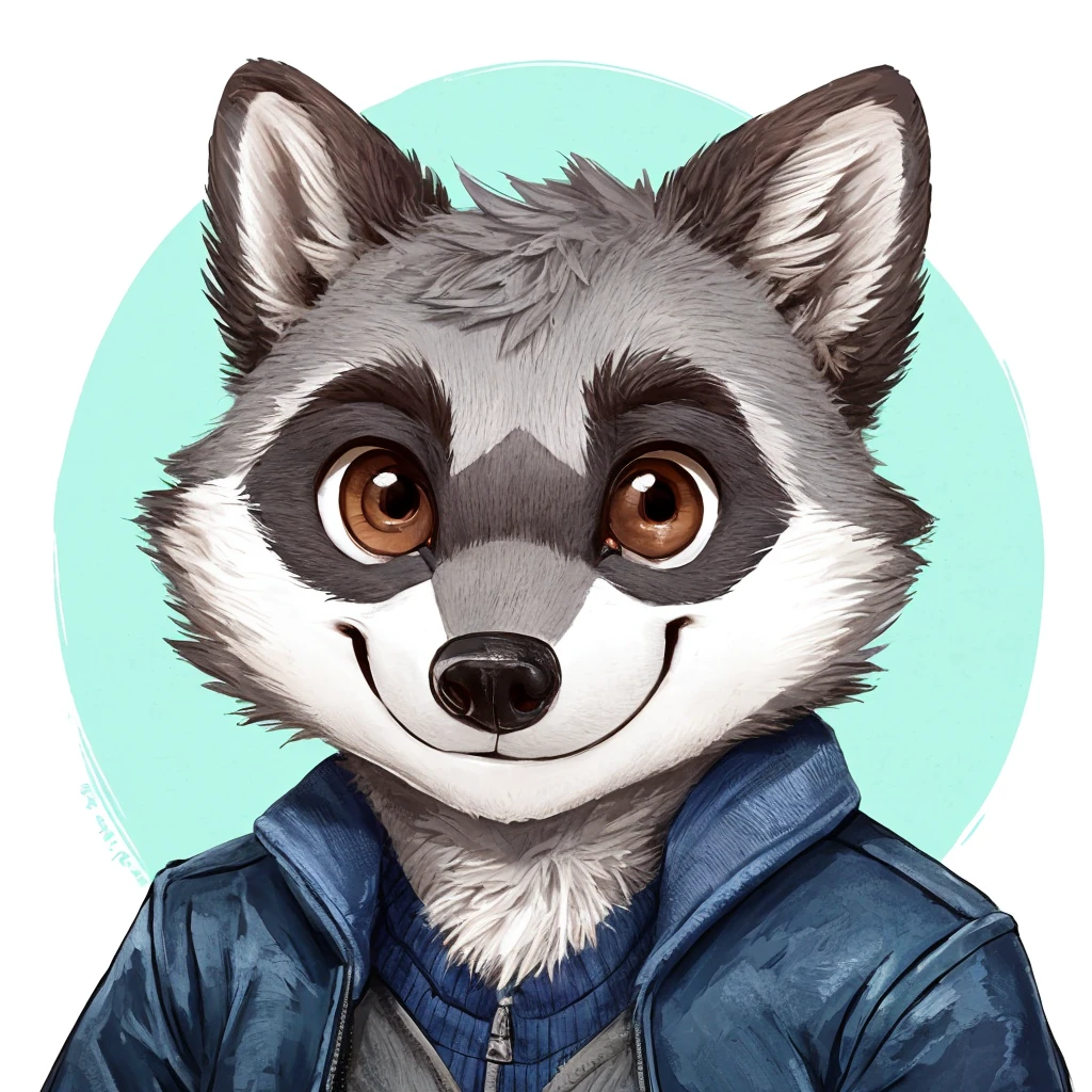 headshot of a cute and grey fur anthropomorphic raccoon, closed smile, he has brown eyes, grey ears, he's dressed with a blue jacket, high quality furry art, high quality fursona ref.