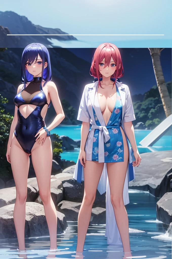 Swimsuit design:Blue colorful swimsuit。Hot Spring Background:The hot spring is an open-air bath and a green place。PINK bottoms、Highest quality、Highest qualityのフルレングス画像、Highly detailed anime super detail、masterpiece、Anatomically correct、Detailed handother 1.6)、8k、Moisturizing Skin、Detail Eyes、Shiny hair、View from the front、Standing with your legs apart、Showing the whole body