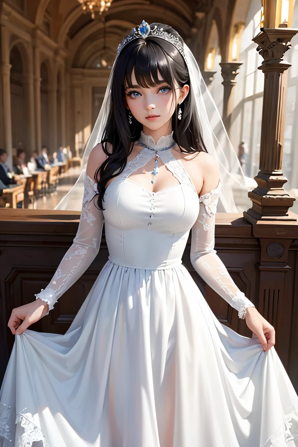 A beautiful young princess with black hair and blue eyes., she is wearing her beautiful long white dress