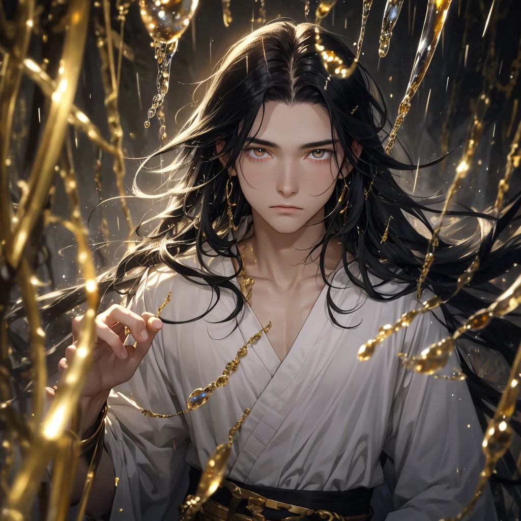A young age man with long black hair, pale skin and gold eyes. He has a black wing. He wore a white yukata. golden rain drops surrounded him. Cave scenery. Close up.