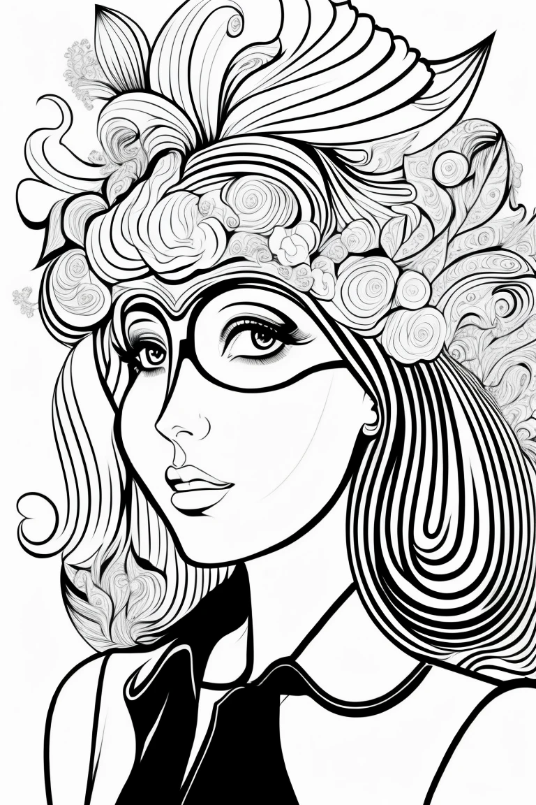 clean black and white only, coloring page for adults, simple cartoon like, beautiful cyberpunk woman, with hat, with beautiful eyes and full curly hair or straight hair, thick lines, low detail, flawless line art, --ar 9:11 art deco style