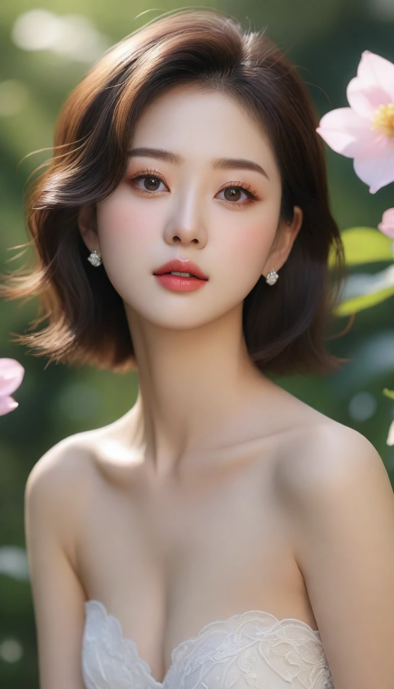 best quality, 4K,8K,realistic, realistic, very detailed, very delicate and beautiful, raw photo, Japanese and Korean beauties,korean beauty,Wear JK, ,big bust,(beautiful detailed eyes,beautiful and delicate lips,Highly detailed eyes and face,long eyelashes), Short hair카락, happy expression, In a picturesque garden filled with sunlight. The quality of the work is top notch, 매우 상세한 기능과 realistic, realistic touch. Colors are vibrant,Lighting creates a warm atmosphere, dreamy atmosphere. Short hair, Show your waist