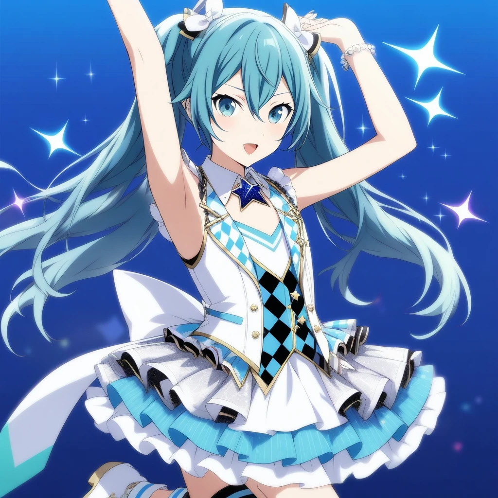 1girl, naoto \(tulip\), official art, absurdres, project sekai, vocaloid, hatsune miku, more more jump! miku, 1girl, ankle boots, armpits, arms up, back bow, bare arms, blue background, blue dress, boots, bow, brooch, checkered clothes, checkered dress, checkered vest, circle, collarbone, contrapposto, cowboy shot, detached collar, diagonal stripes, dress, flat chest, foot up, frilled dress, frilled vest, frills, idol, jewelry, layered dress, legband, long hair, more more jump! \(project sekai\), silver trim, simple background, solo, sparkle print, star brooch, striped, triangle, vest, white bow, white dress, white footwear, wing collar, ((very aesthetic, best quality, ultra detailed))