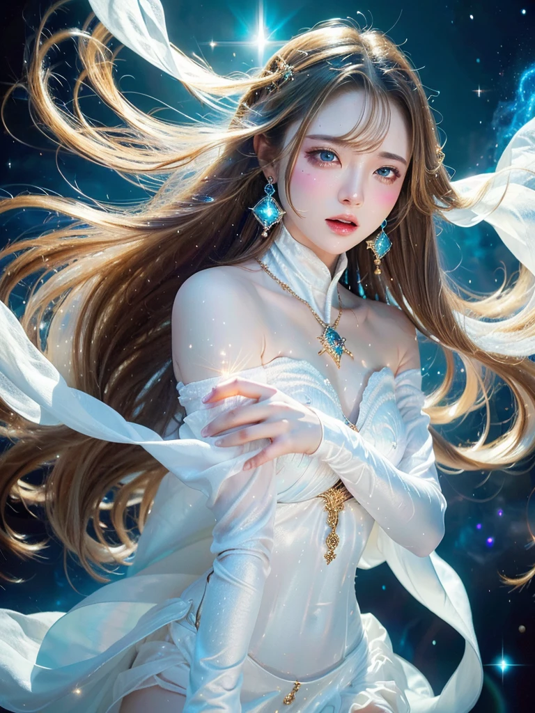 4K Ultra HD, masterpiece, A girl with a magical aura, Nice face, Long Hair, Shiny Hair, fine grain, Glossy Lips,, Aura around the body, Magical Effects, Spreading white light, Cosmic elements and ethereal atmosphere, A mix of bright lights and colorful nebulae, Space Background,, Whitening、(((Wearing white cloth 1.5)))、Hair and fabric blowing in the wind、(((1.5)))、(((Dynamic pose 1.4)))、Bust up photo、(((Feeling Ecstasy 1.85)))、See-through 1.4、Luxurious earrings and necklaces、(((1.5)))、Brown Hair、Open your mouth