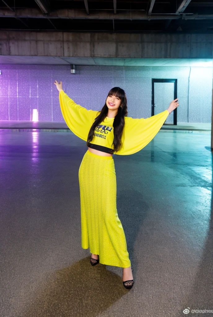 	1.	young woman、T-shirt and long skirt 2.	open arms 3.	Big smile 4.	The color scheme is based on yellow and purple。
	5.	Urban style background、Inside a concrete and glass building。

style:

	• Cyberpunk • High Resolution • Futuristic Lighting • Vibrant Colors Additional Details:

	• The camera angle is from above。
	• Wear street fashion。
	• Photo-realistic textures。